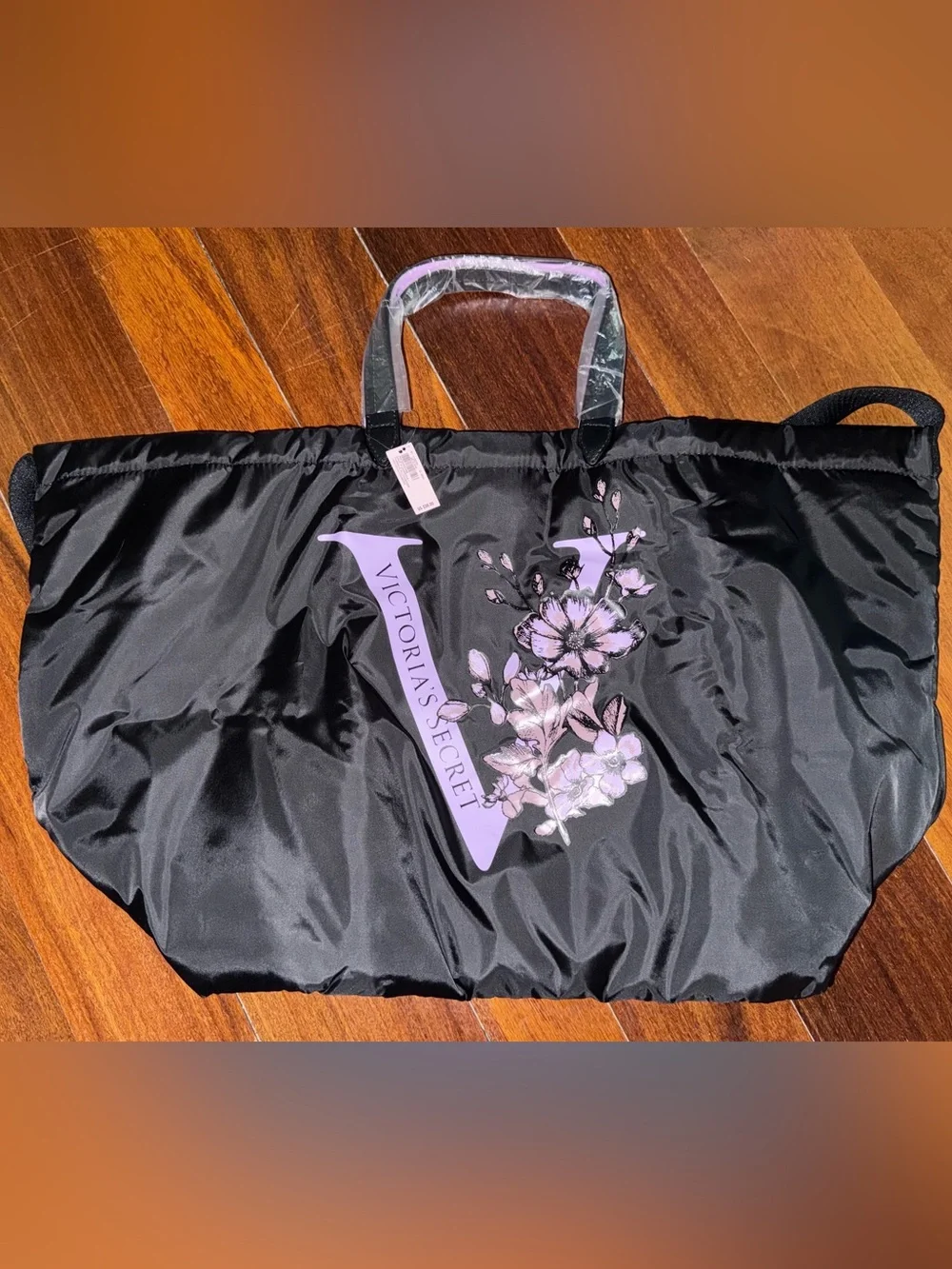 Victoria's Secret Black Puffer Tote with Lilac Floral V Logo